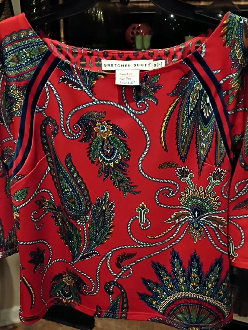 FINAL PRICE Gretchen Scott Red Multicolored Paisley Rope Print Blouse - Picture 6 of 15